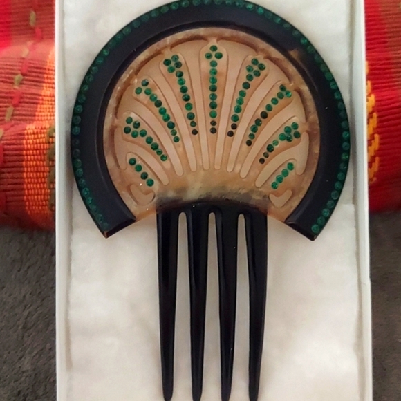 Antique Green Rhinestone Bakelite Hair Comb
